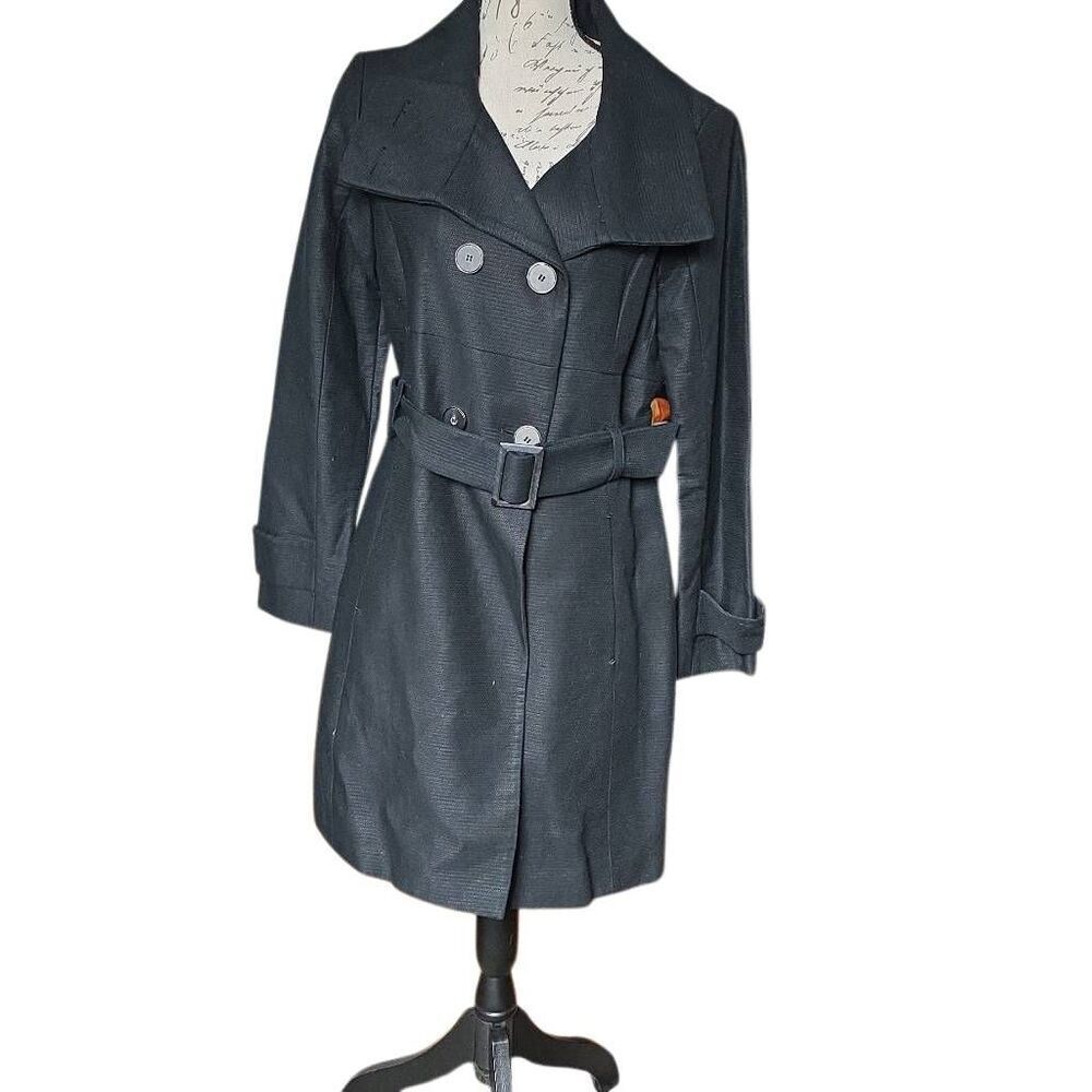 MNG by Mango Women's Size Large Black Ribbed Belted Long Trench Coat